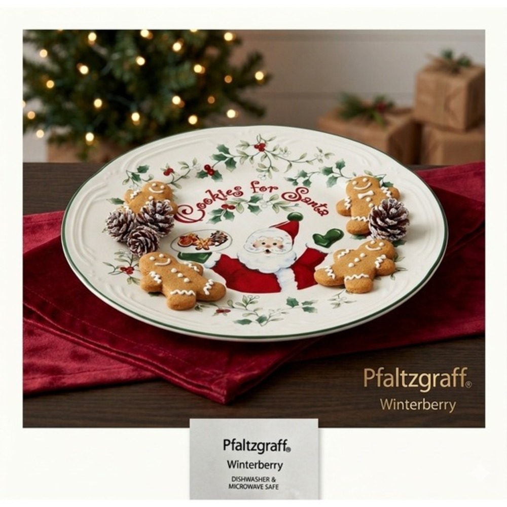 Pfaltzgraff Winterberry Cookies for Santa Plate White Red Green Holly ‎ 9.375 In